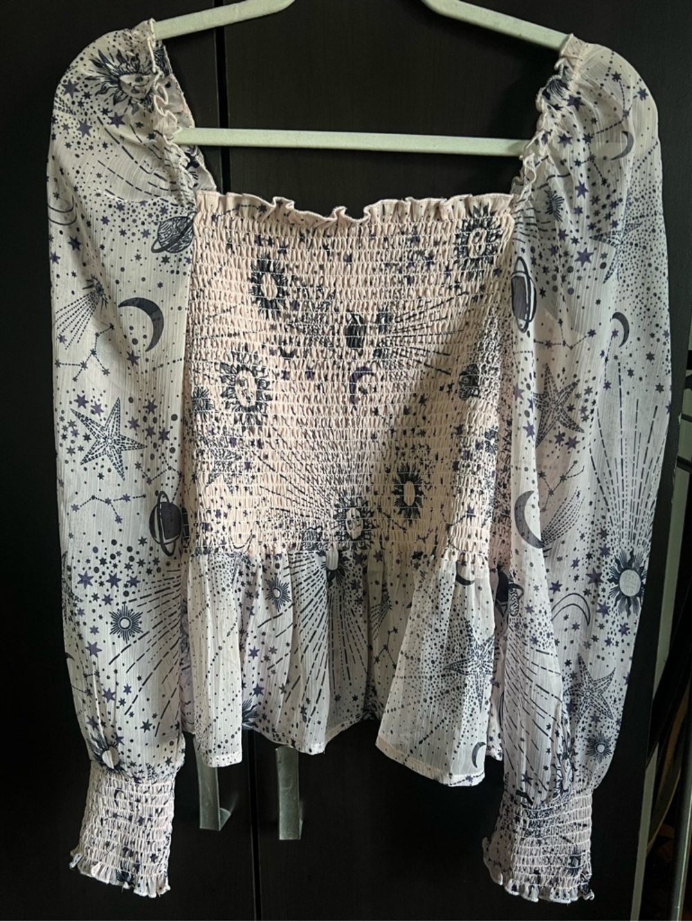 Smocked Chiffon Celestial Print Blouse